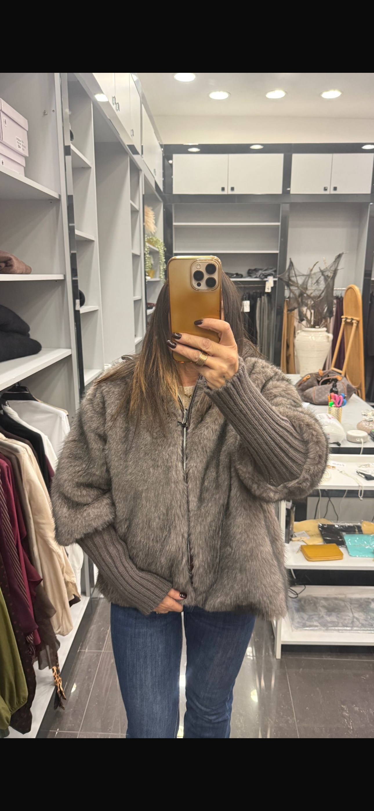 Pelliccia bomber Tortora con dettagli in lana